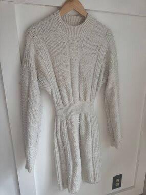 Guess Cream Ribbed Long-Sleeve Knit Dress